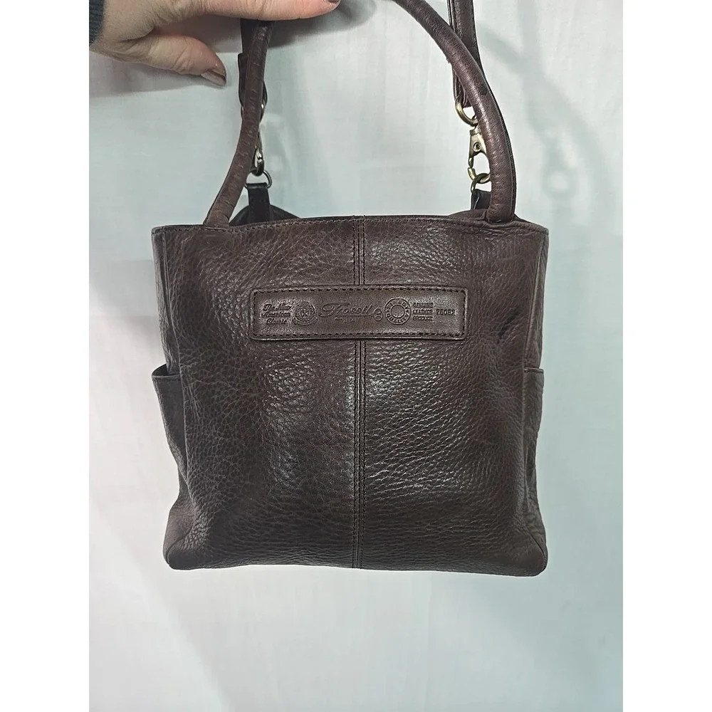 VTG Fossil Brown Pebbled Leather‎ Pockets Top Handle Small Satchel Crossbody Bag
